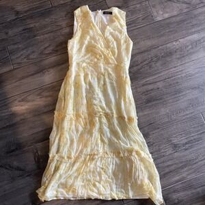 Lauren Ralph Lauren Black Label Yellow & White Sheer Smock Dress Tiered Slvls 4P